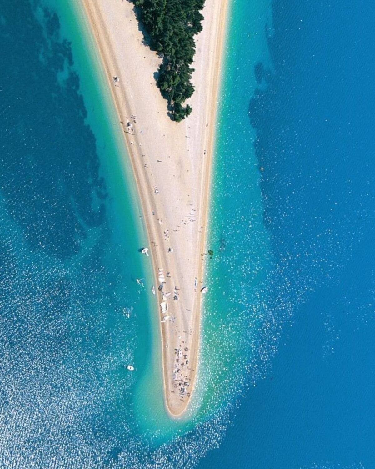 Top aerial view of Zlatni Rat beach in Croatia